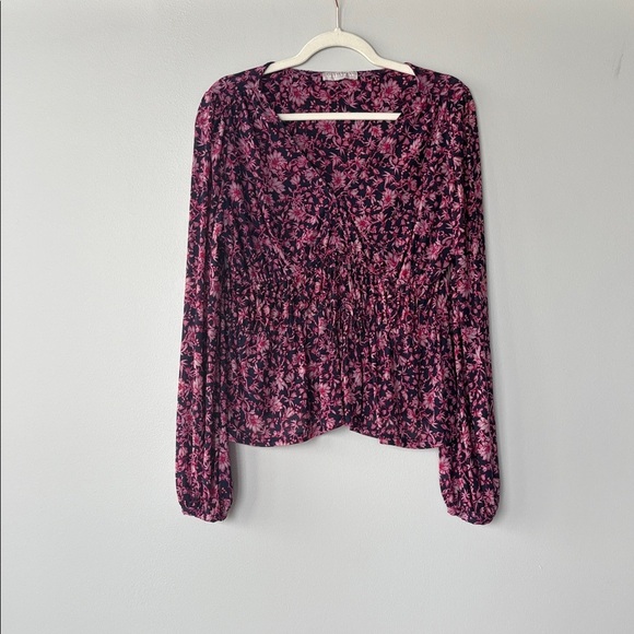 Long sleeve blouse With V neckline in black with pink floral design throughout - Picture 3 of 7